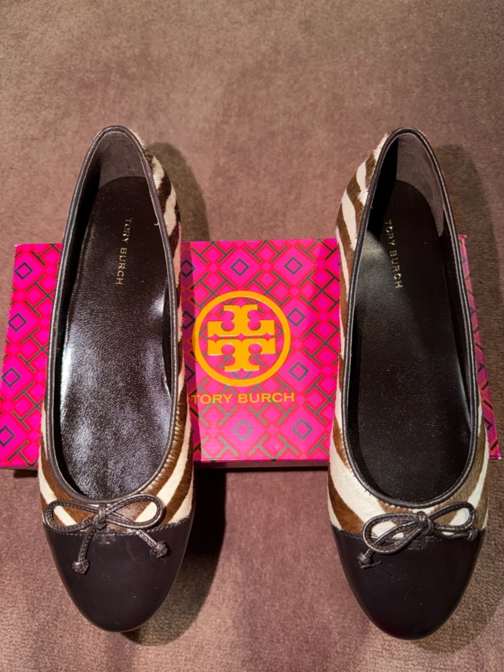 Tory Burch Brown & White Zebra-Print Ballet Flats with Black Toe